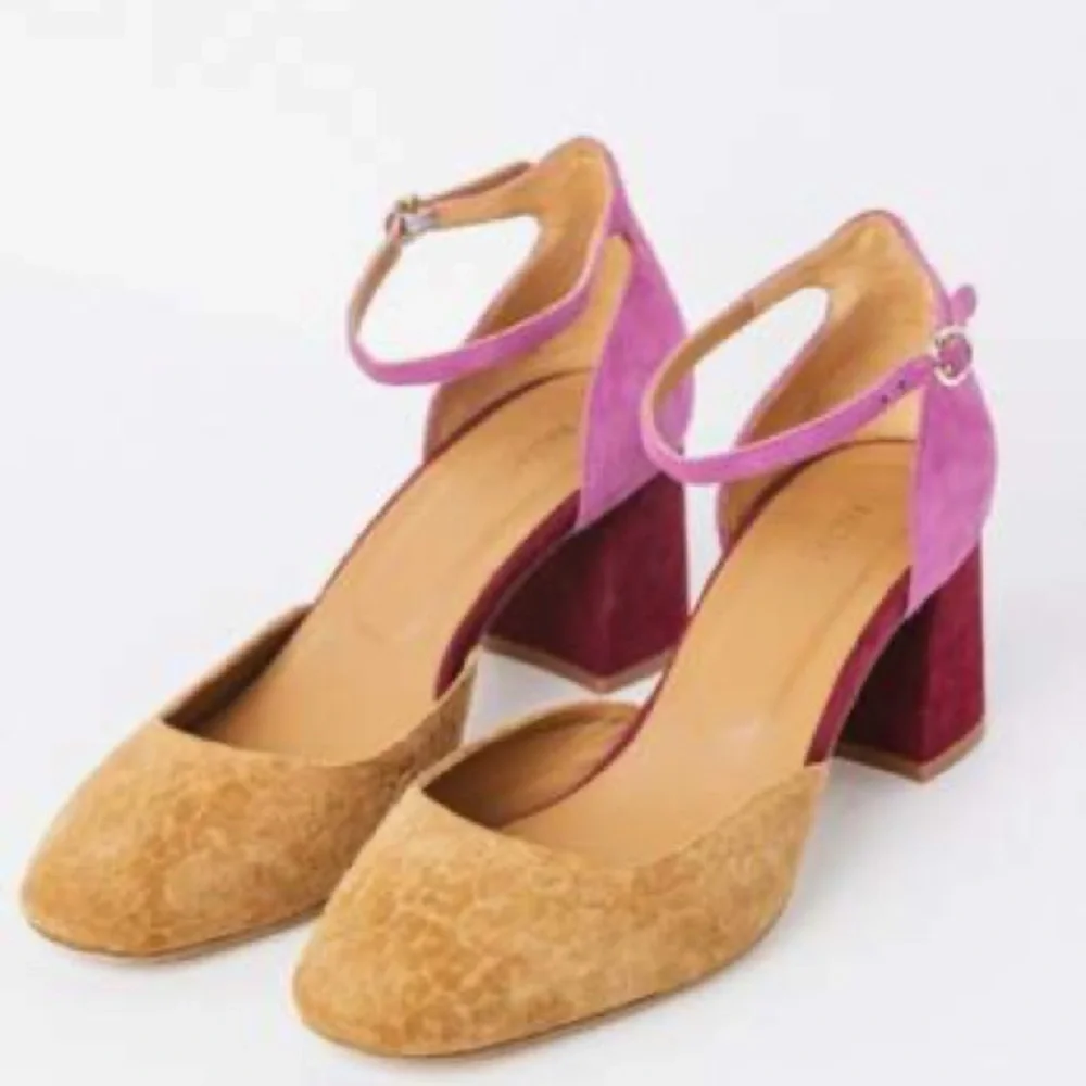 Balzac Paris “Miraculeuse” Suede Leather Wrap Heels – Magenta & Tan Block Pumps - Picture 3 of 8